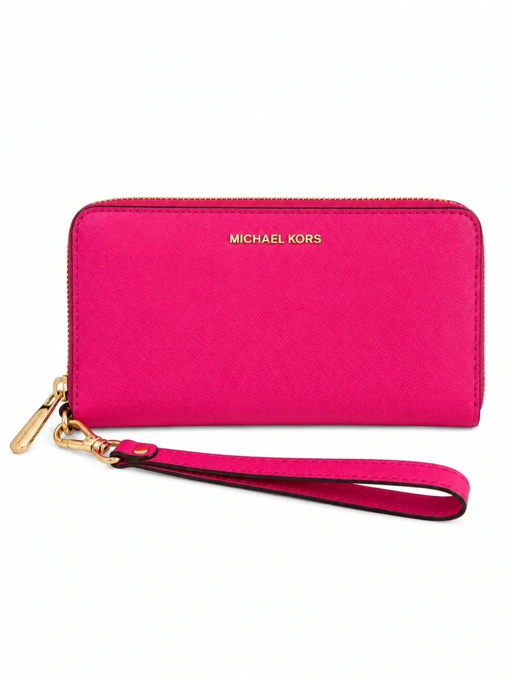 Michael Kors Jet Set Travel Hot Pink Saffiano Leather Zip Around Wristlet Wallet